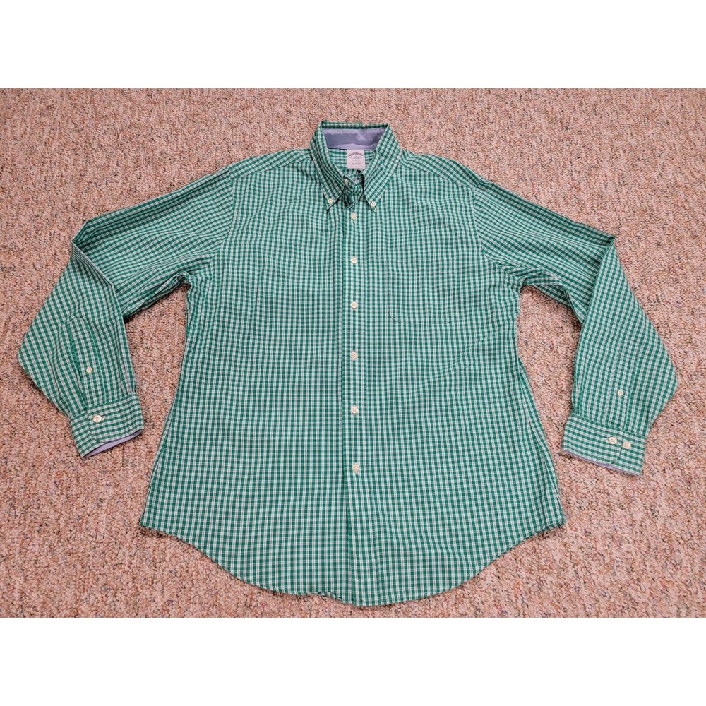Brooks Brothers Regent Shirt Mens Large Green Gingham Button Down Cotton Preppy